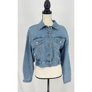 Zara Women's Short Denim Jacket Size Small Long Sleeve Raw Edges 100% Cotton